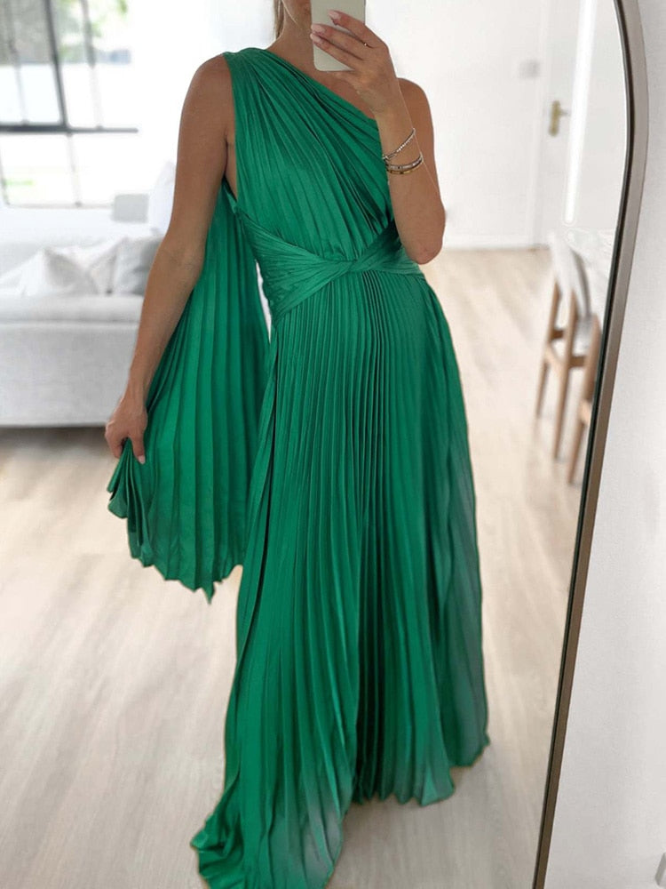 One Long Sleeve Pleated Backless Maxi Dresses
