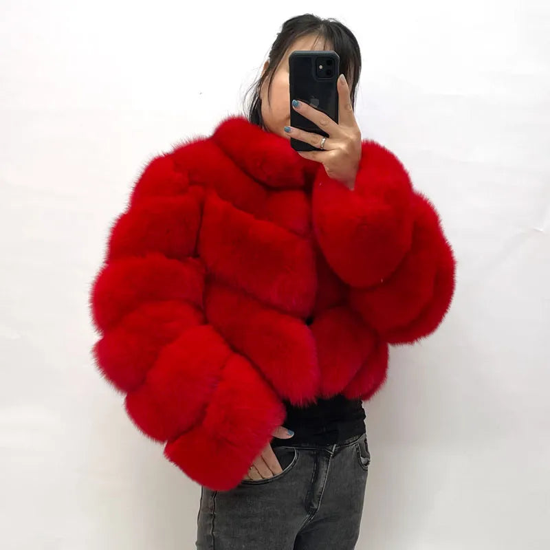 Pattern Cropped Real Fox Fur Coats