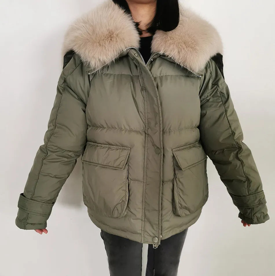 Losse Duck Down Real Fox Fur Collar Parka Puffer Coats