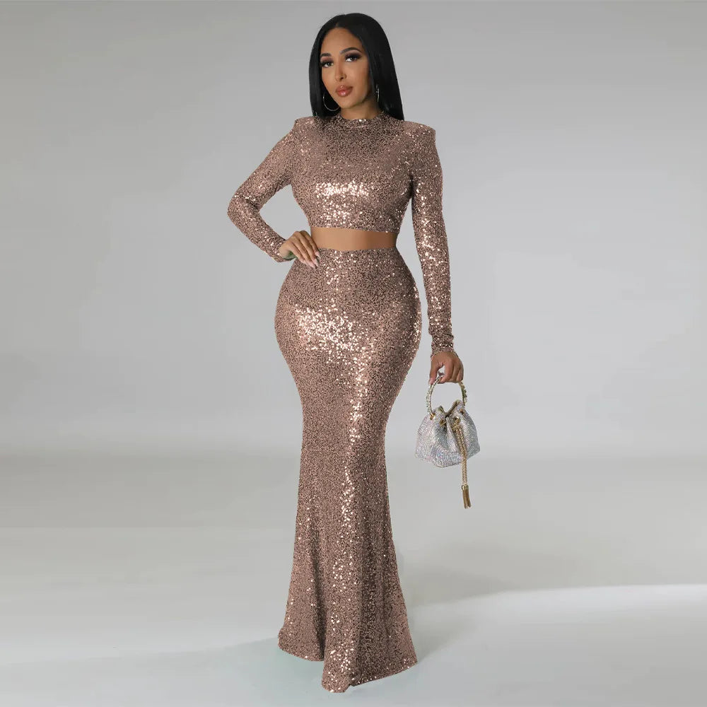 Sequins O-neck Crop Top & Maxi Skirt Sets