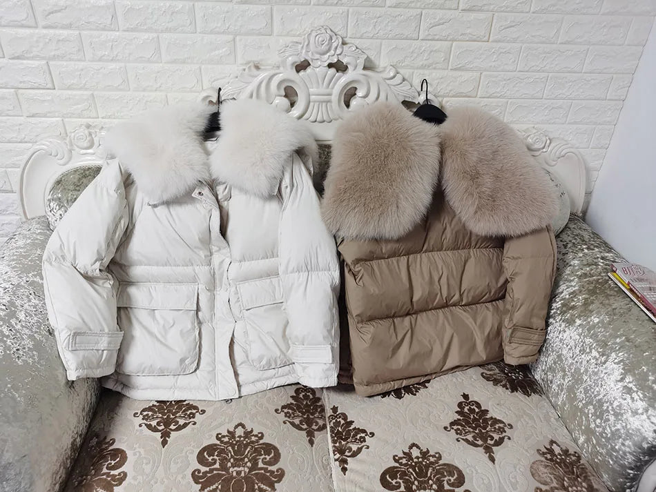 Losse Duck Down Real Fox Fur Collar Parka Puffer Coats