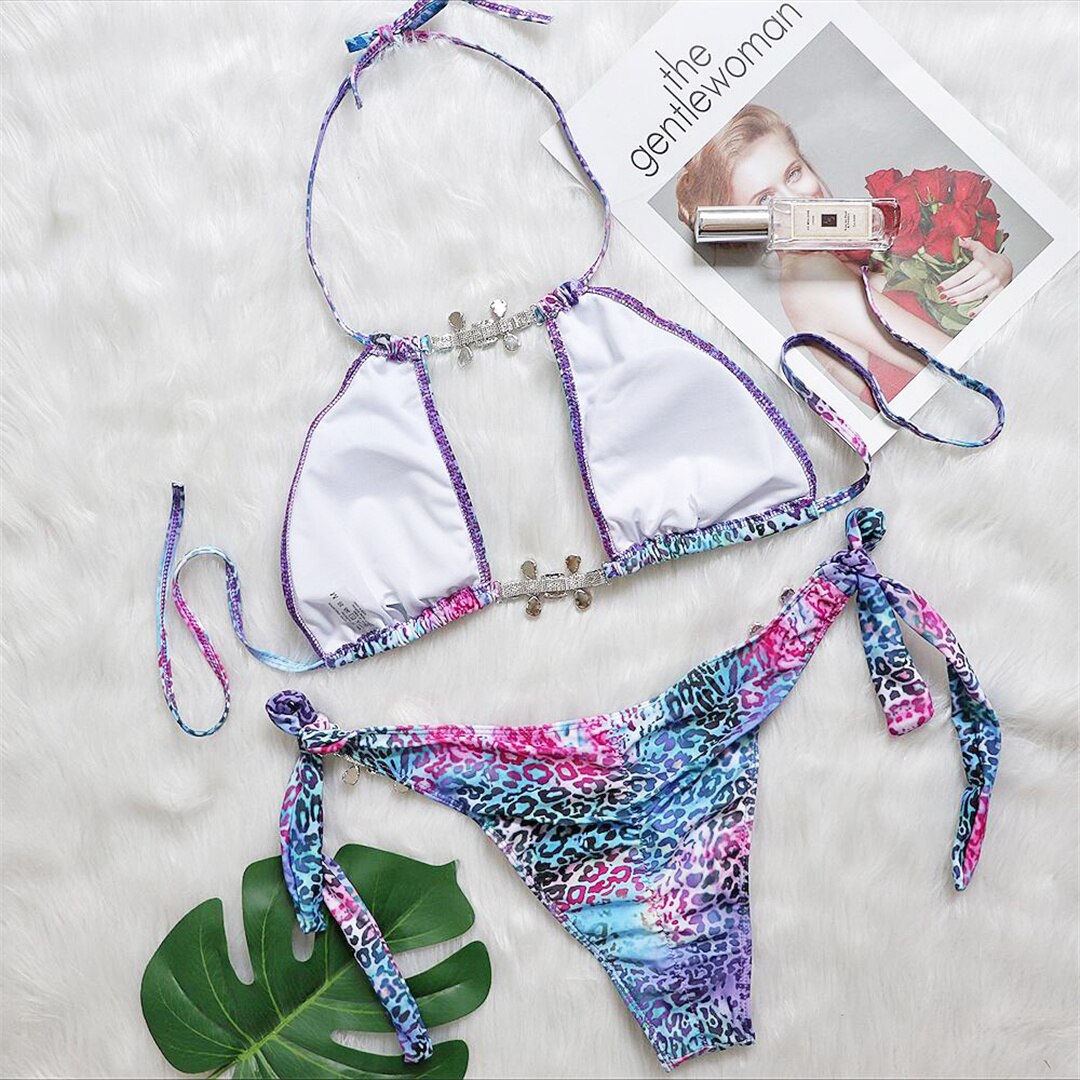 Colorful Leopard Rhinestone Bikini Set