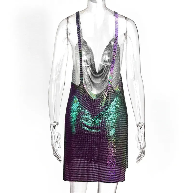 Metallic Chain Halter Metal Backless Mini Dresses
