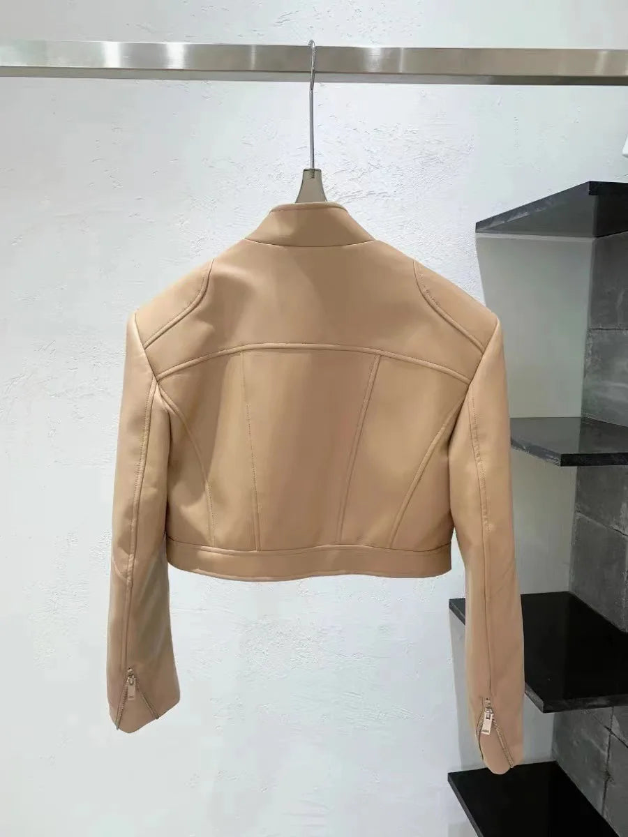 Short Pu Leather Jackets Stand Collar