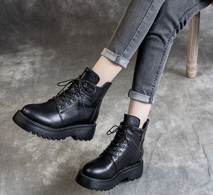 Black Platform Genuine Leather Ankle Boots