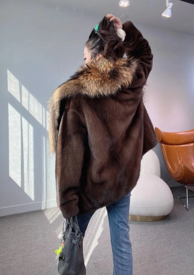 Luxury Real Mink Fur Coat Huge Fox Fur Collar