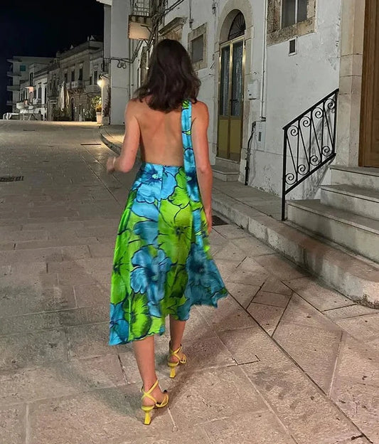 Floral Print Halter Backless Sleeveless Dress