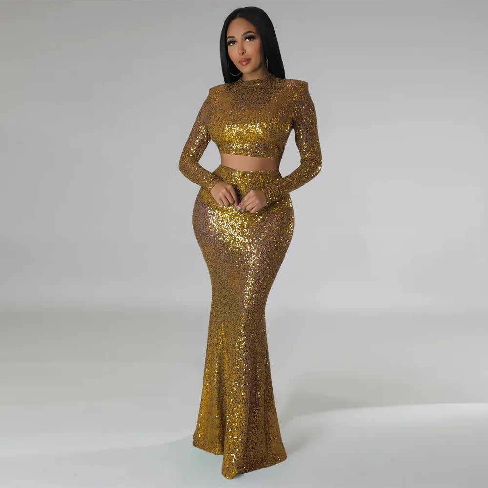 Sequins O-neck Crop Top & Maxi Skirt Sets