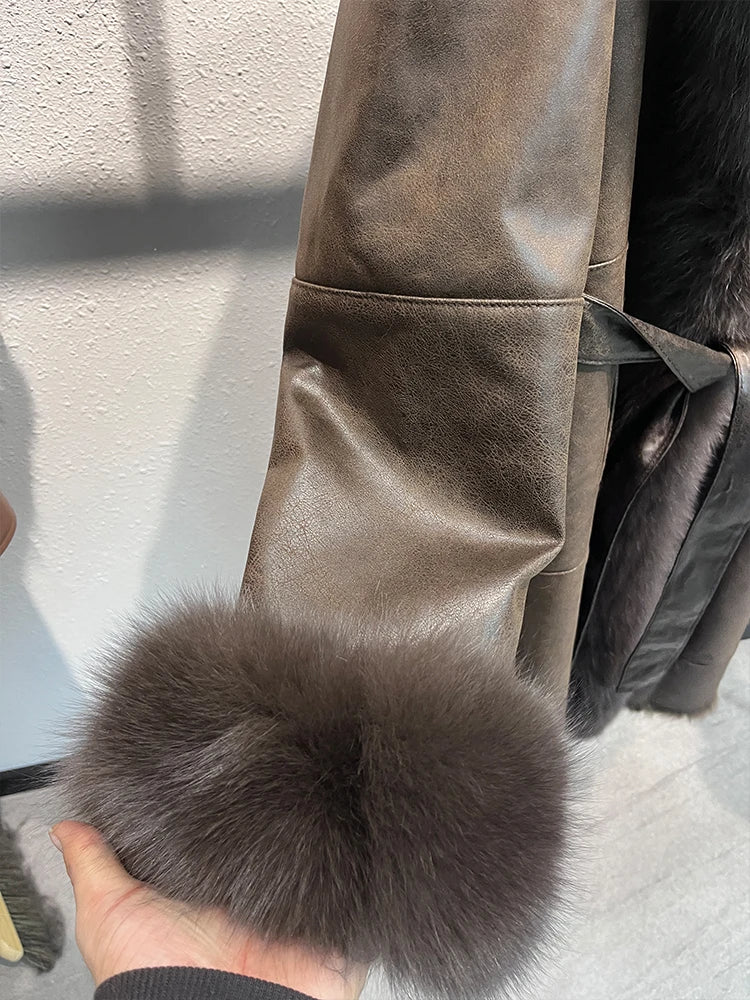 Genuine Leather Long Coats Real Fur Liner Collar Cuffs