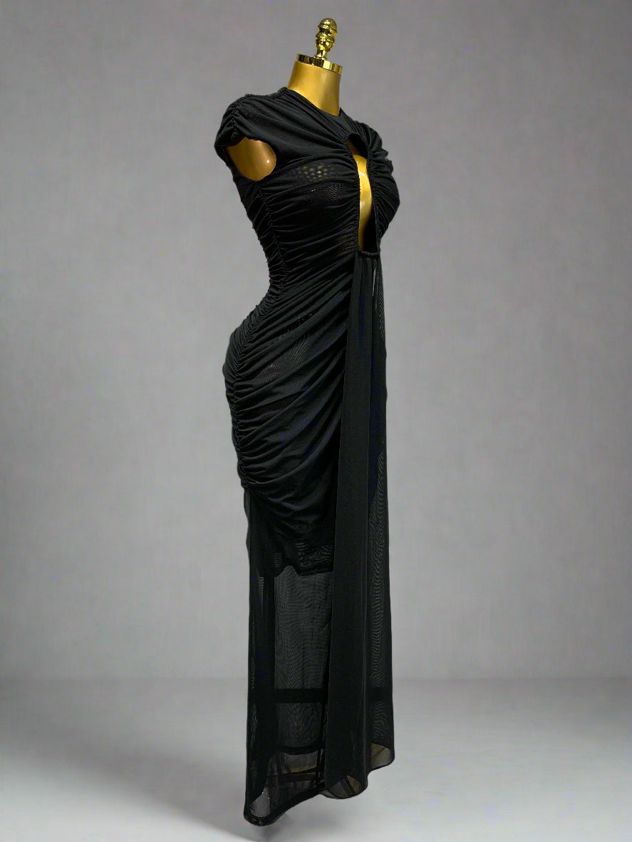 Sleeveless Open V Mesh Long Black Dress