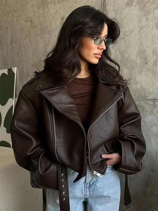 Women Chic Brown Leather Jacket With Belt Chic Full Sleeve Laple Zipper Short Coats 2025 Autumn New Ladies Street Biker Jackets