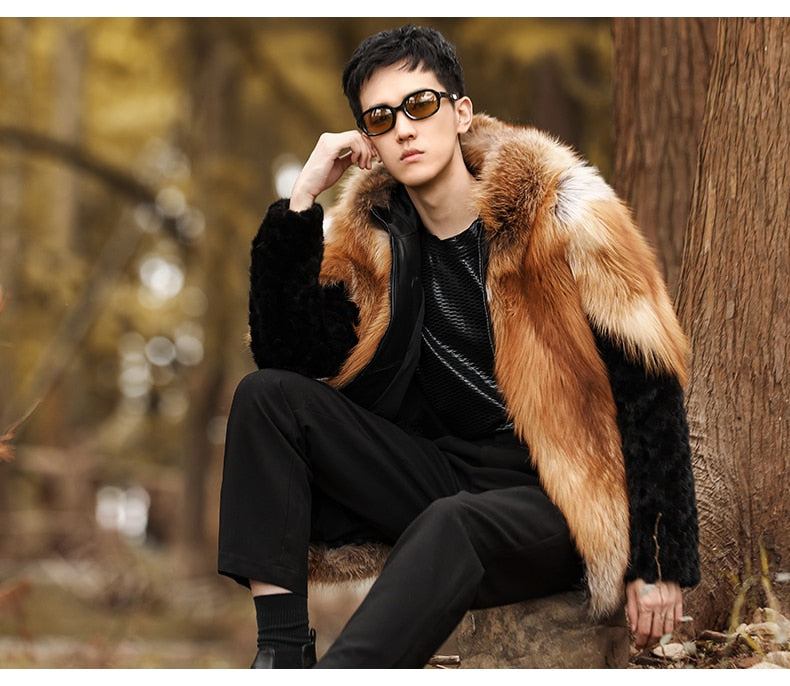 Real Fox Fur Hooded Coats Black Real Mink Fur Sleeves