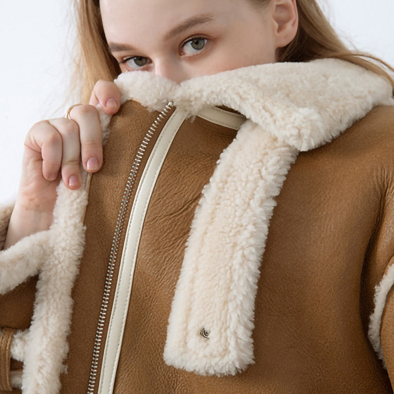 Genuine Leather Coat Real Shearing Fur Lining