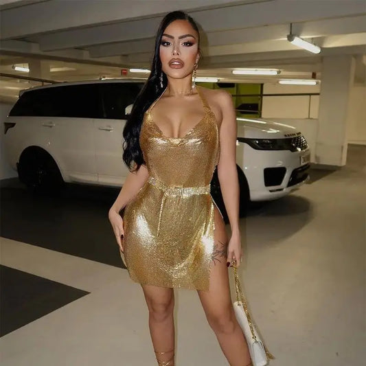Metallic Backless High Side Split Mini Dresses