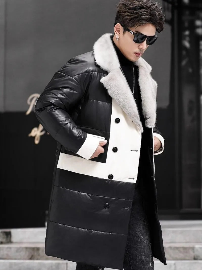 Genuine Leather Long Down Coat Mink Fur Collar