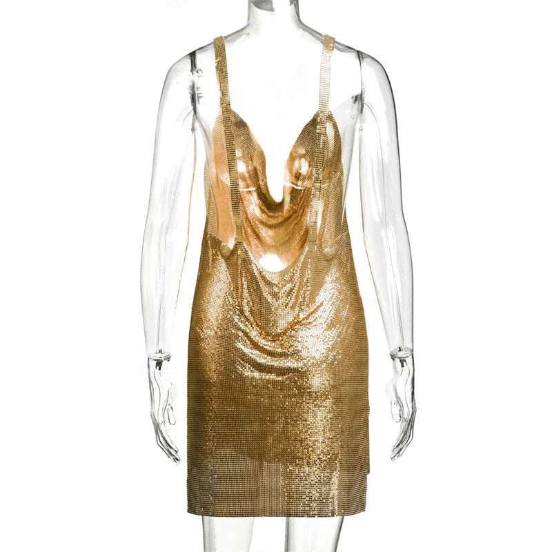 Metallic Chain Halter Metal Backless Mini Dresses