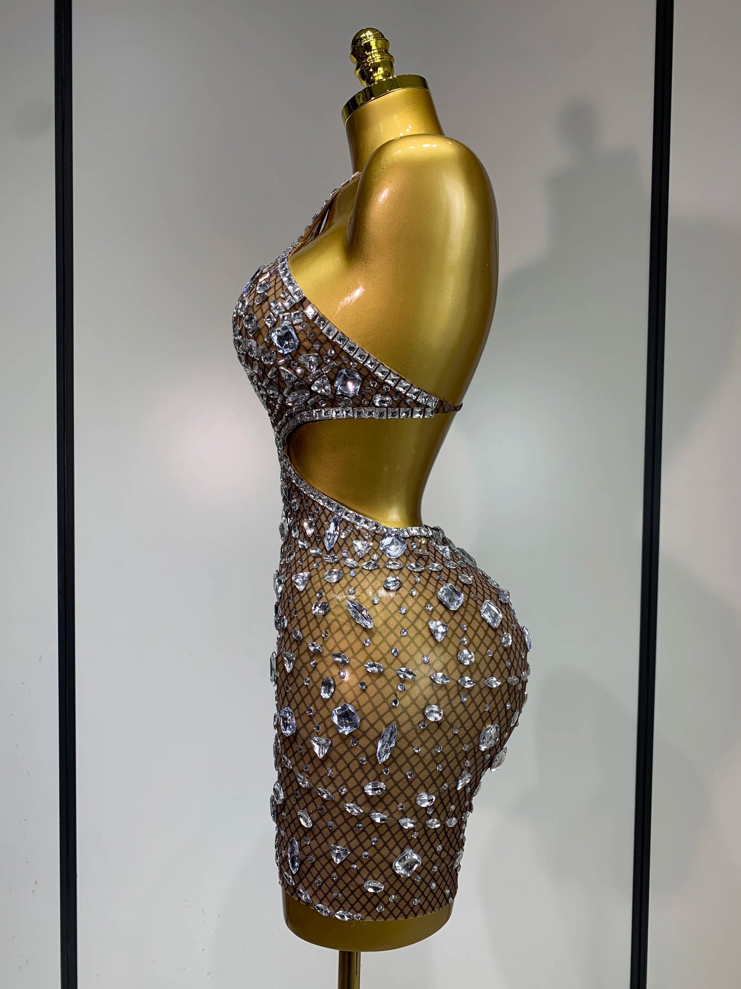 Rhinestone Hollow Backless Mesh Mini Dresses