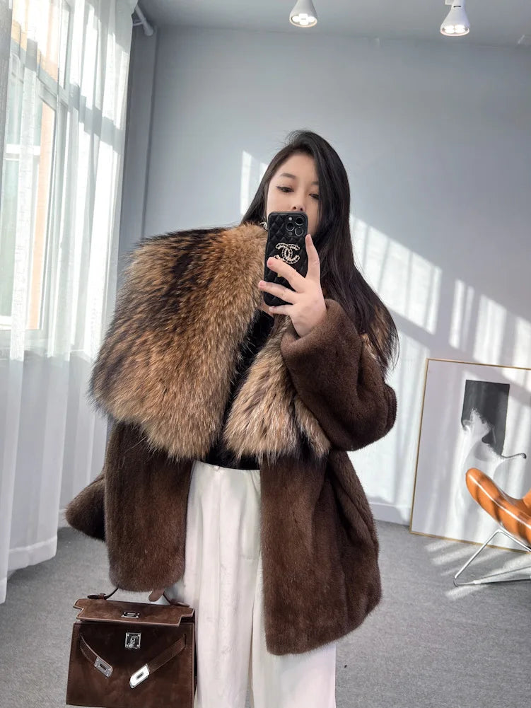 Luxury Real Mink Fur Coat Huge Fox Fur Collar