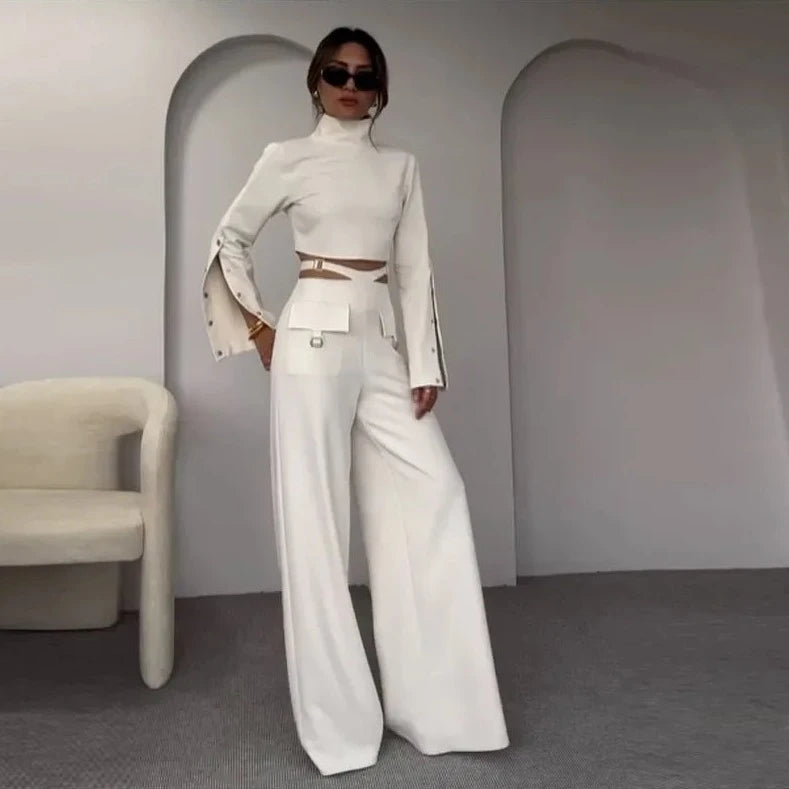 Button Long Sleeve Crop & X-Wide Leg Pant Sets