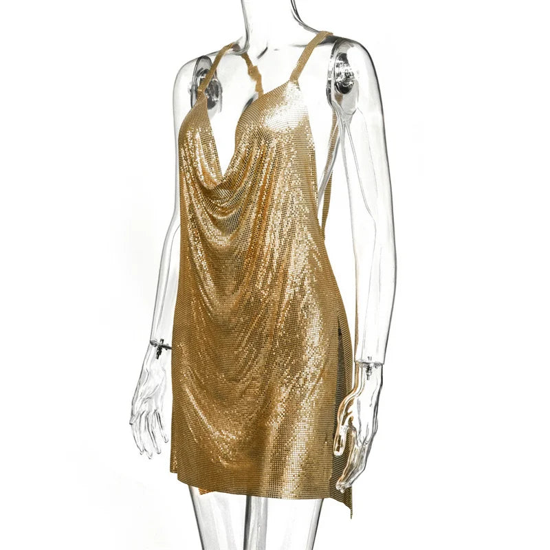 Metallic Chain Halter Metal Backless Mini Dresses