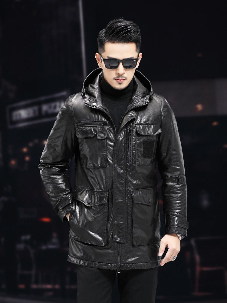 Duck Down Genuine Leather Coats Hooded Cargo Style