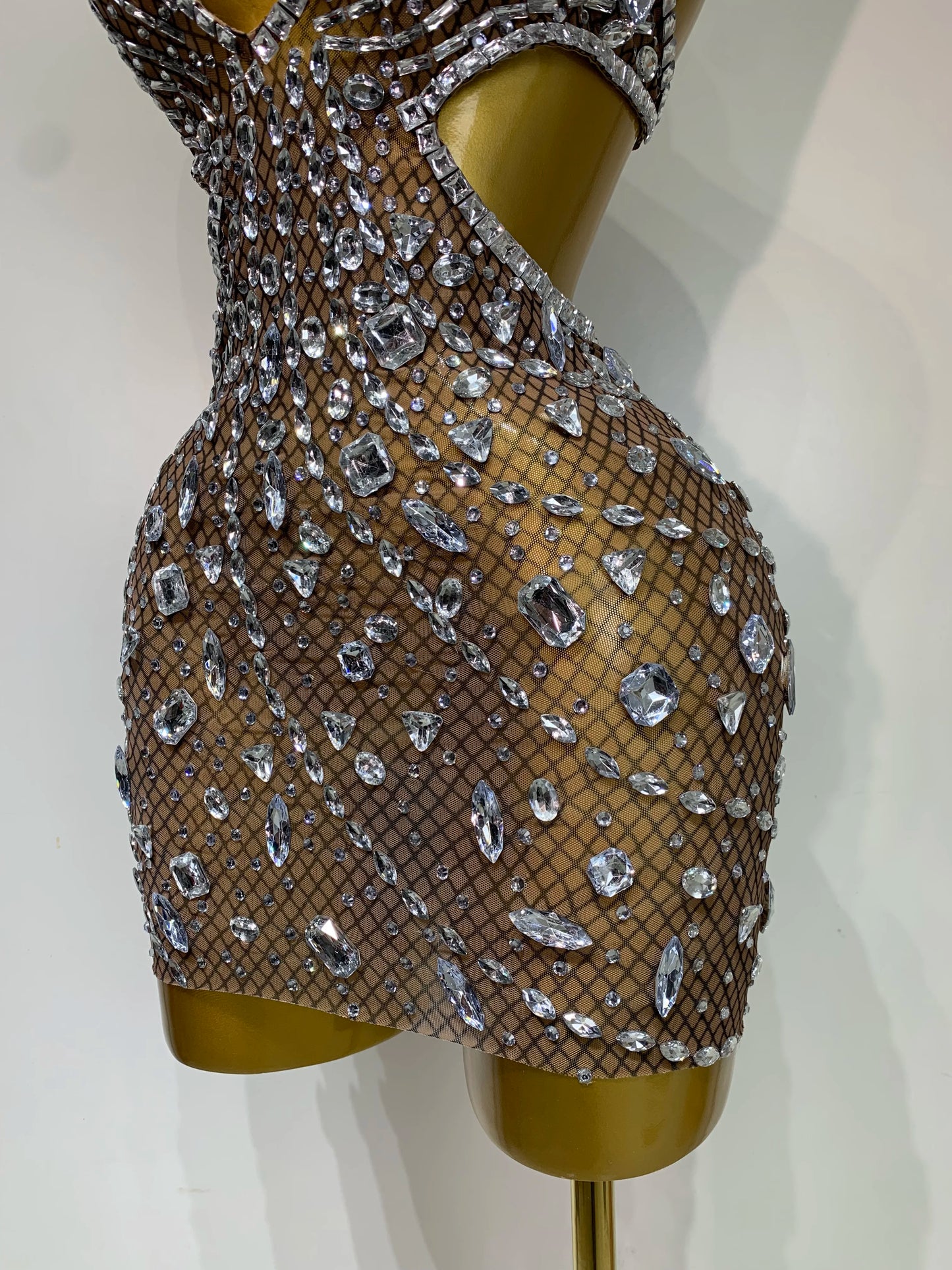 Rhinestone Hollow Backless Mesh Mini Dresses