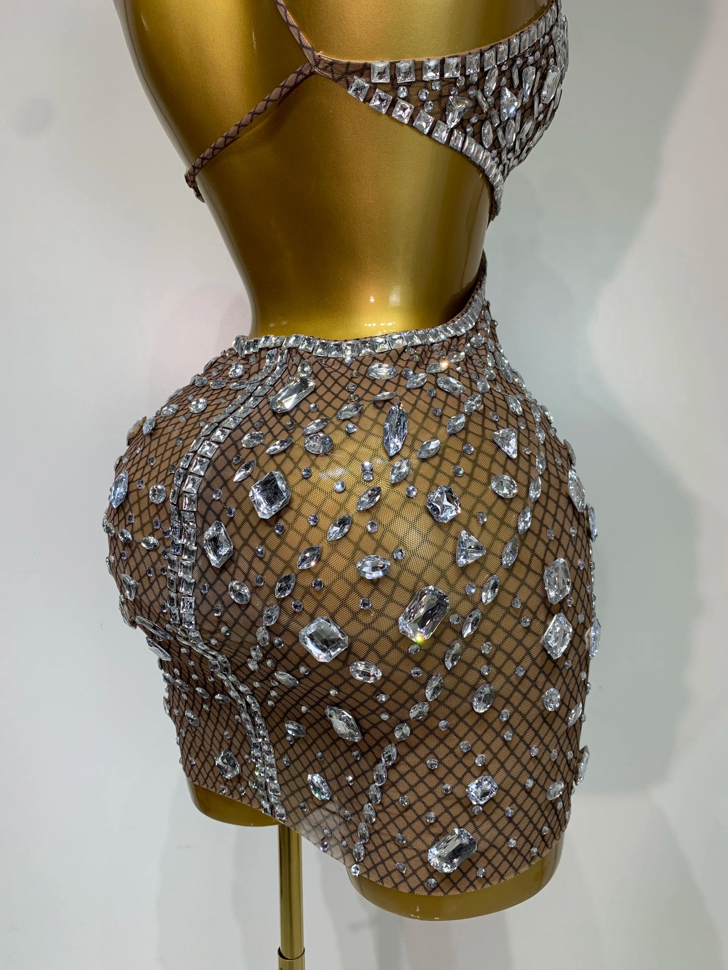 Rhinestone Hollow Backless Mesh Mini Dresses