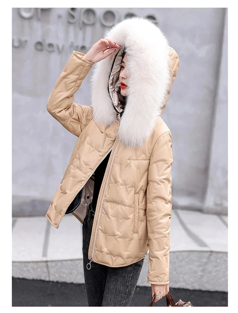 Leather Jackets Duck Down Real Fur Hood