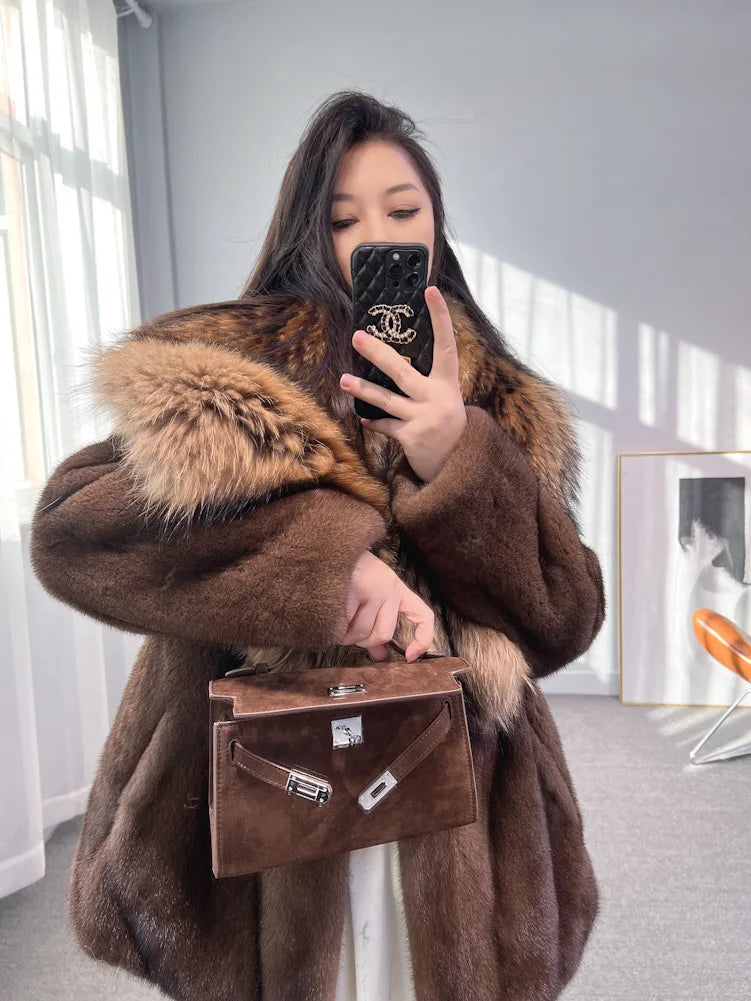 Luxury Real Mink Fur Coat Huge Fox Fur Collar