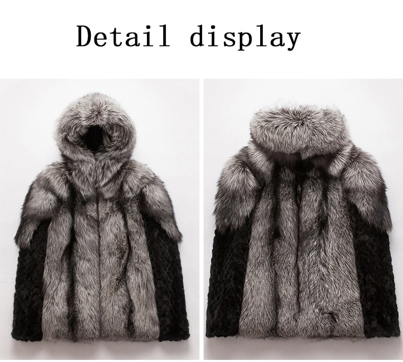 Real Fox Fur Hooded Coats Black Real Mink Fur Sleeves