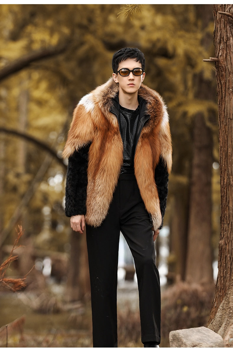 Real Fox Fur Hooded Coats Black Real Mink Fur Sleeves
