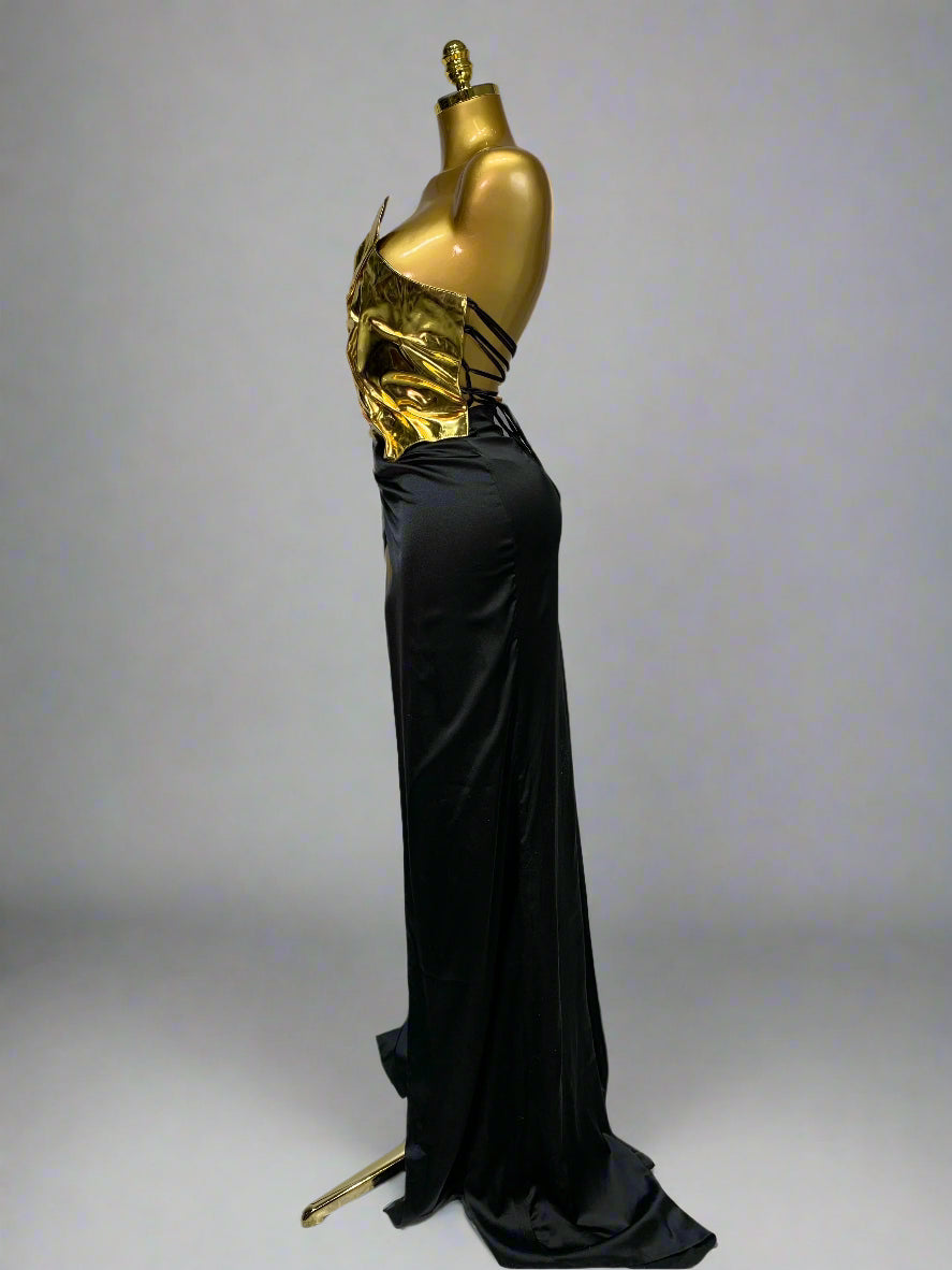 Gold Metallic Laced-up Top Long Dress