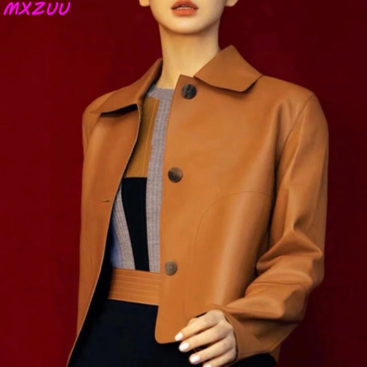 Women's Sheepskin Short Tops Harajuku Fashion Jassen Dames Slim Jaqueta De Couro Legítimo Square Collar Trendy Streetwear Coat
