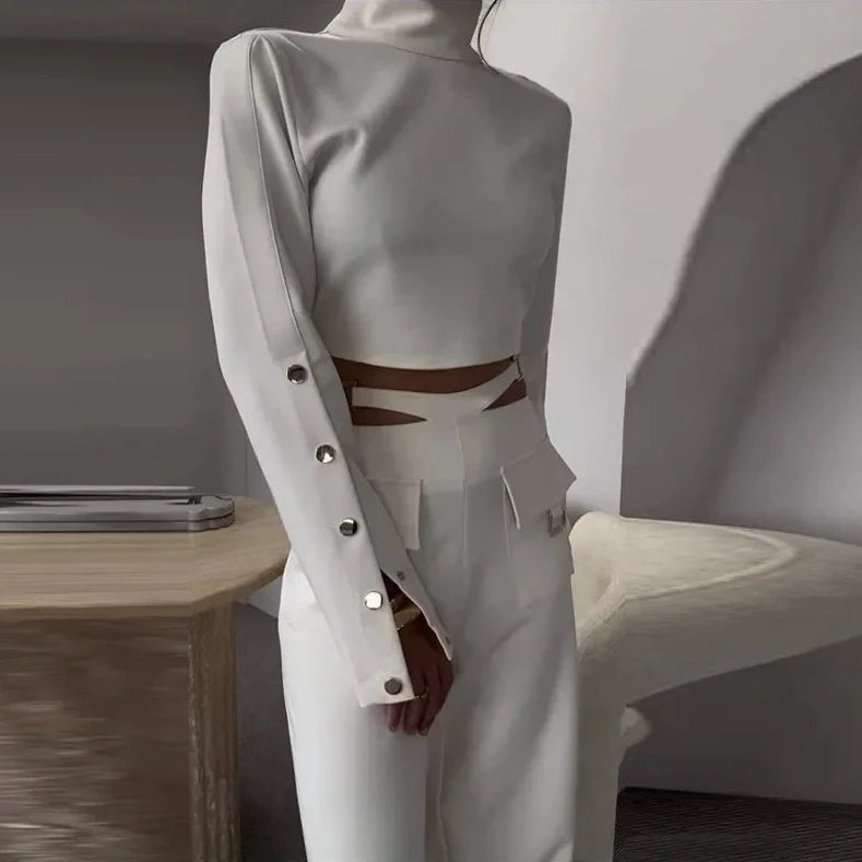 Button Long Sleeve Crop & X-Wide Leg Pant Sets