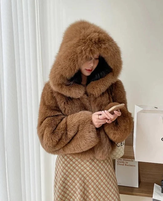 Luxury Natural Hooded Real Fox Fur Coats