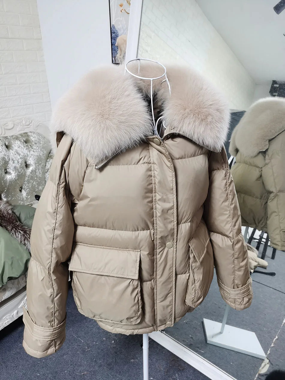 Losse Duck Down Real Fox Fur Collar Parka Puffer Coats