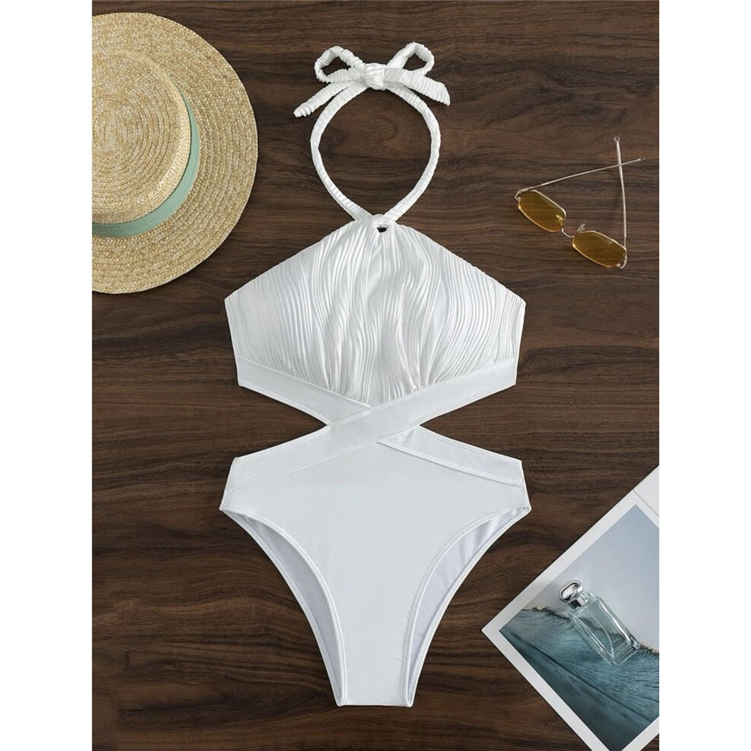 Halter Cut Out Wrinkled One Pieces