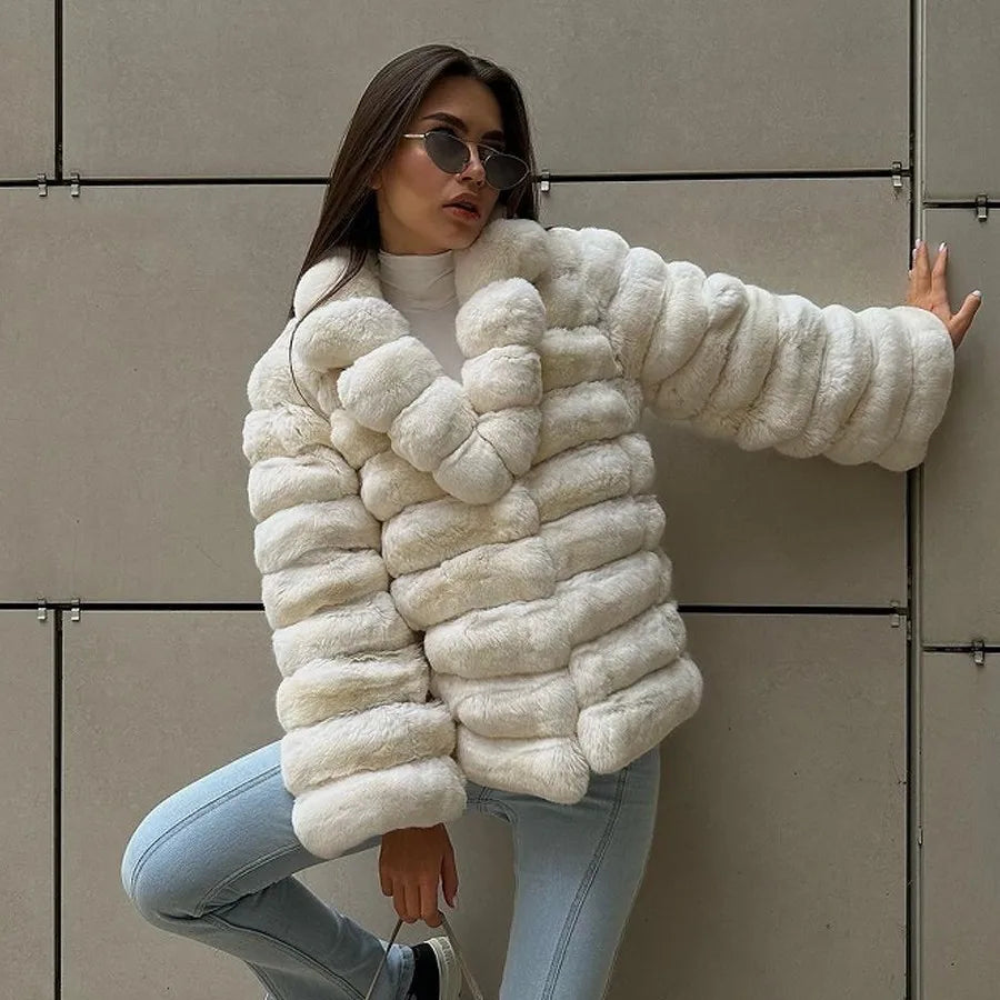 White Chinchilla Style Rex Real Fur Coat
