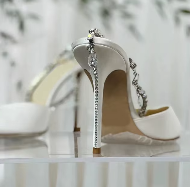 Satin Rhinestone Chain High Heels Shoes Pumps