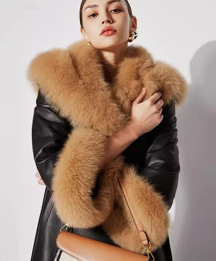 Genuine Leather X-Long Down Coat Real Fur Collar Cuffs