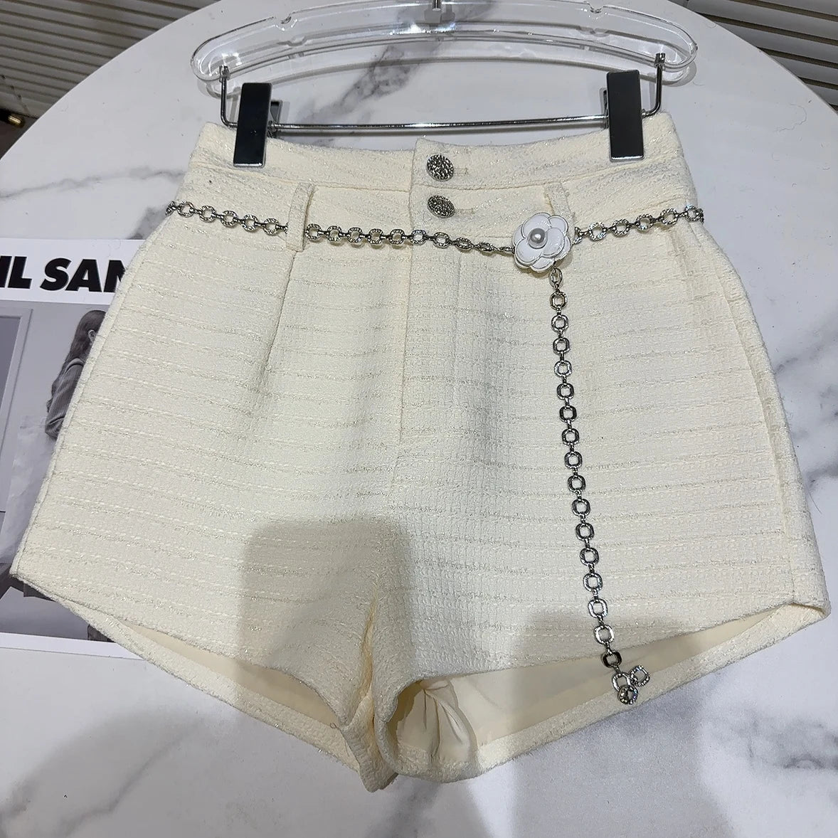 Pearl Flower Double Buttons Waist Chain Tweed Shorts