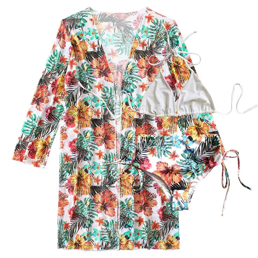 Floral High Waist Bikini Set & Cover Up