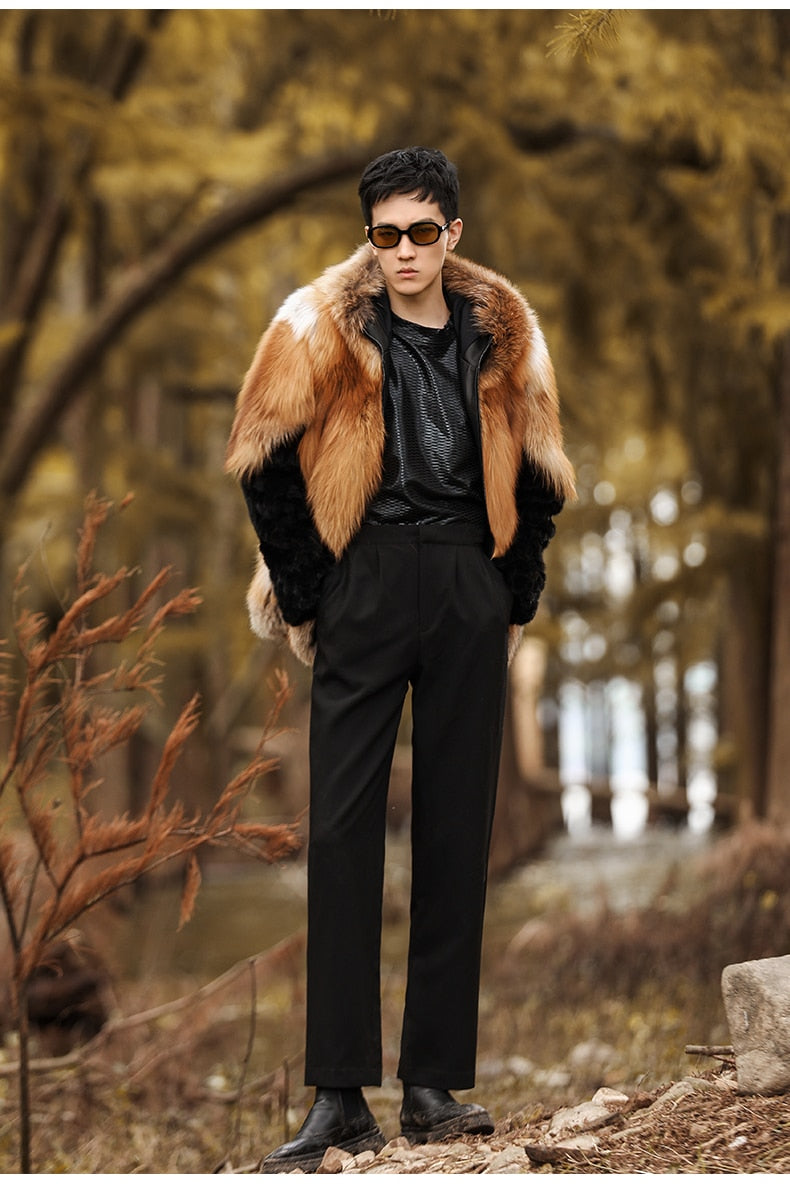 Real Fox Fur Hooded Coats Black Real Mink Fur Sleeves