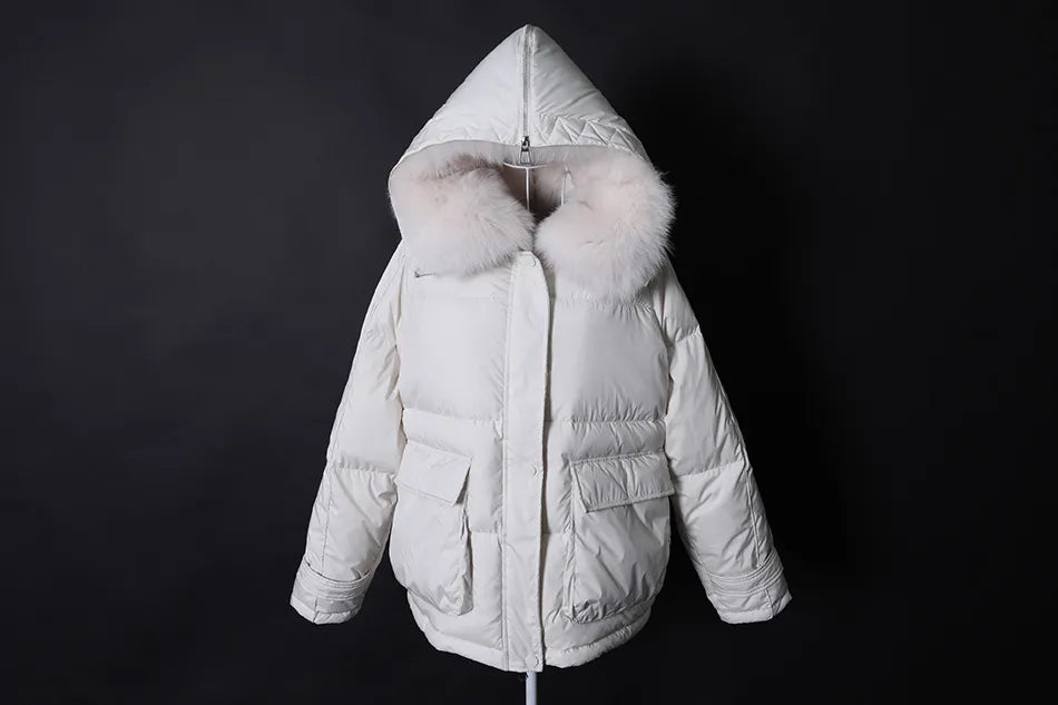 Losse Duck Down Real Fox Fur Collar Parka Puffer Coats