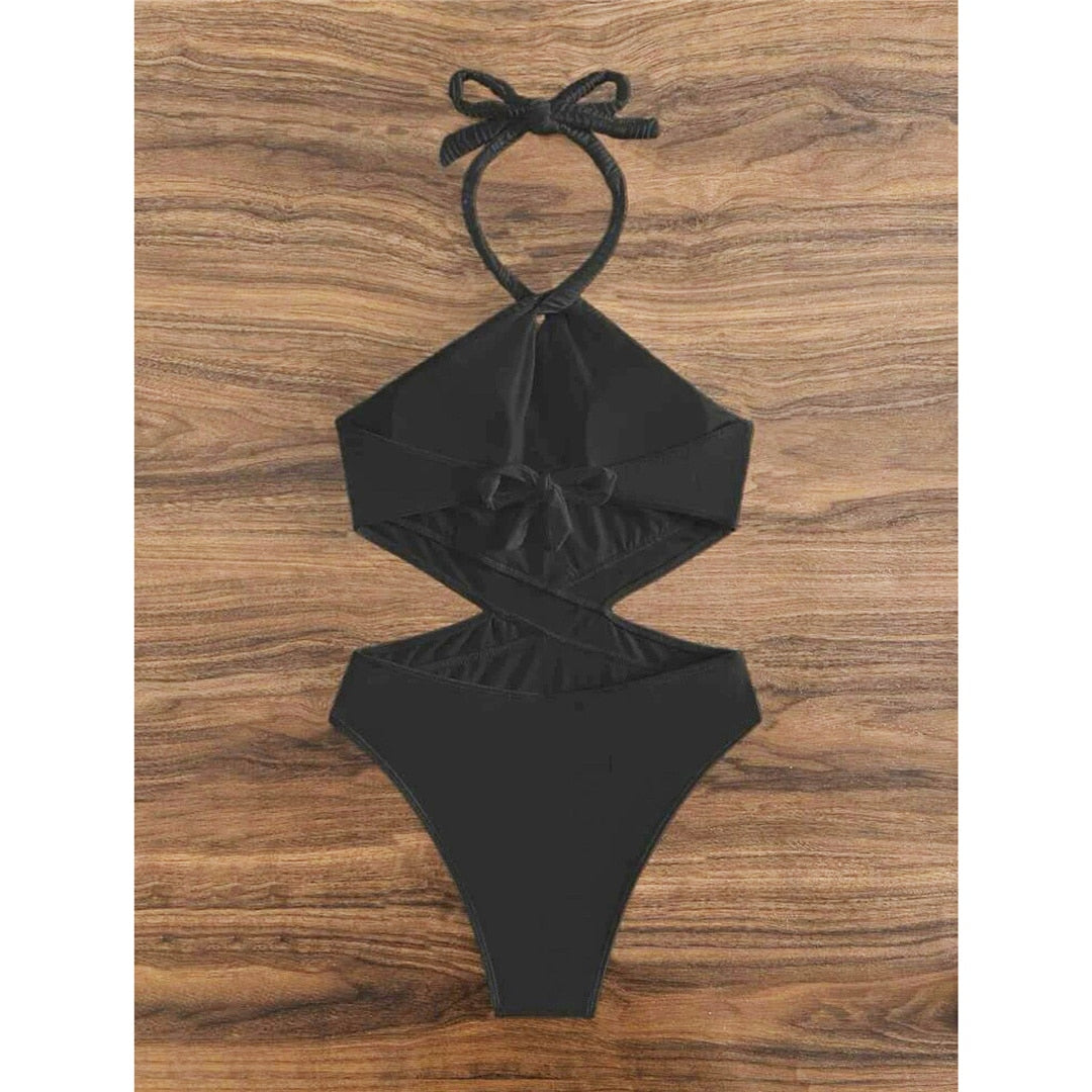 Halter Cut Out Wrinkled One Pieces