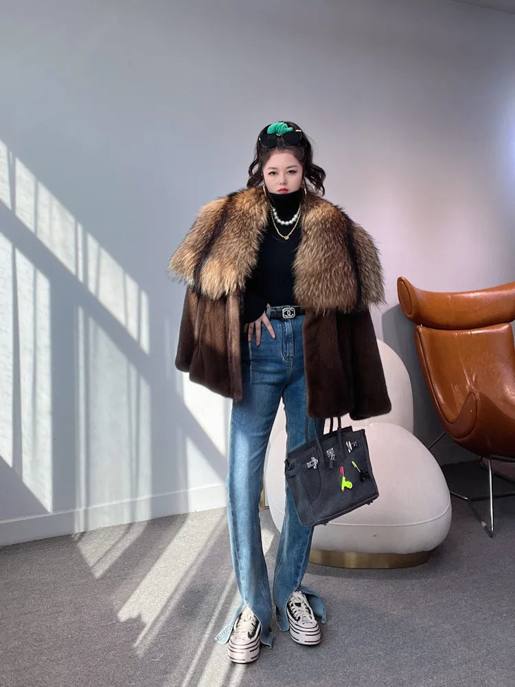 Luxury Real Mink Fur Coat Huge Fox Fur Collar