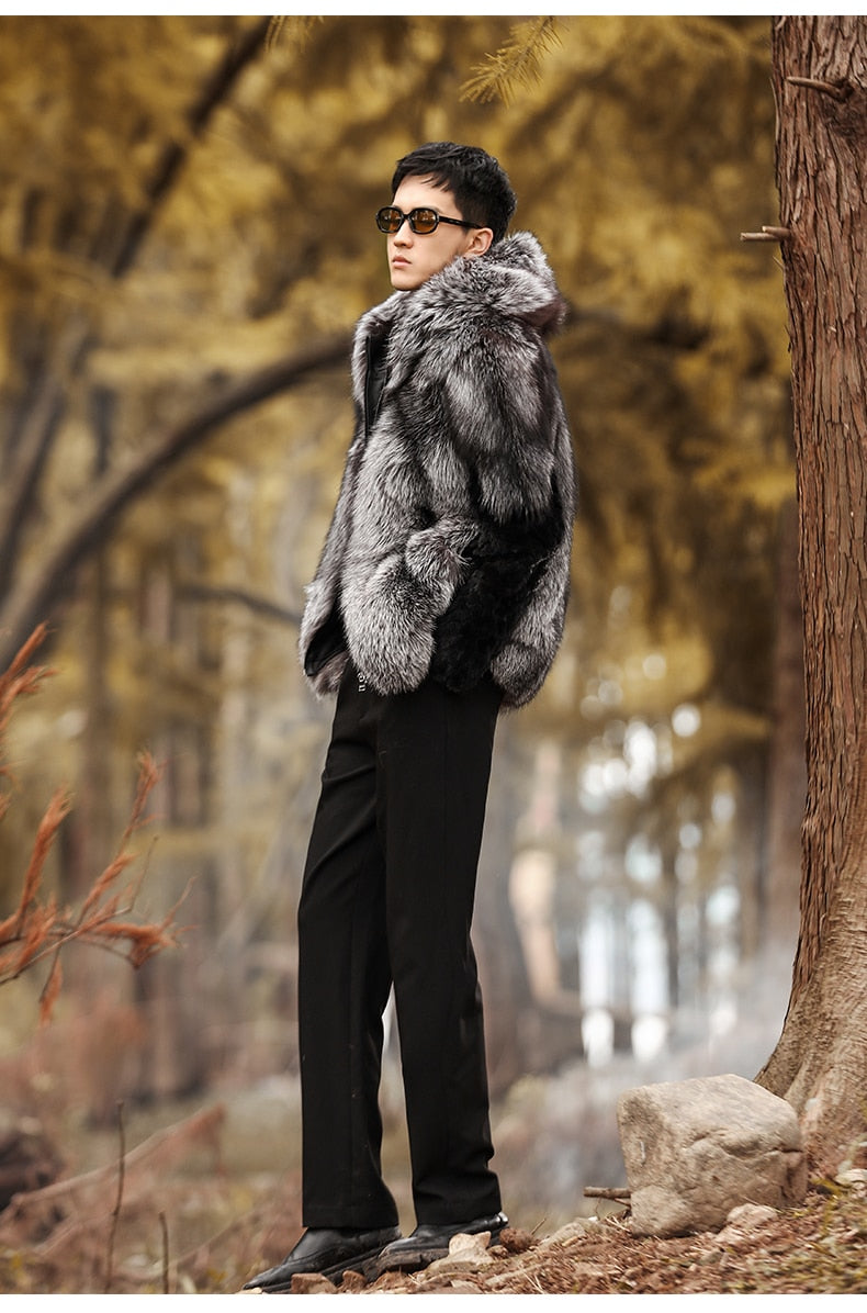 Real Fox Fur Hooded Coats Black Real Mink Fur Sleeves