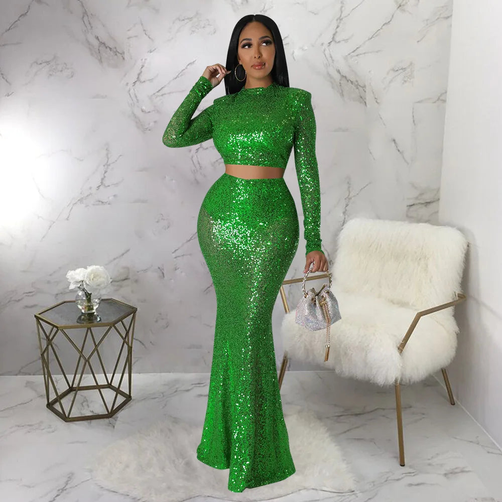 Sequins O-neck Crop Top & Maxi Skirt Sets