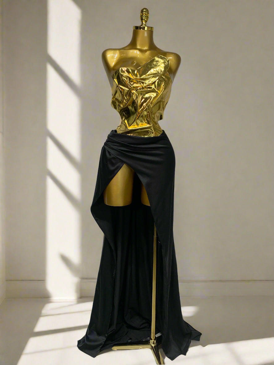 Gold Metallic Laced-up Top Long Dress