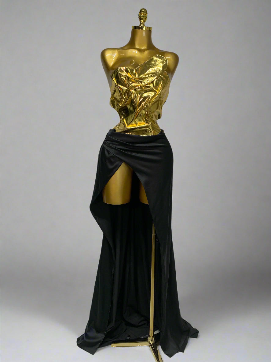 Gold Metallic Laced-up Top Long Dress